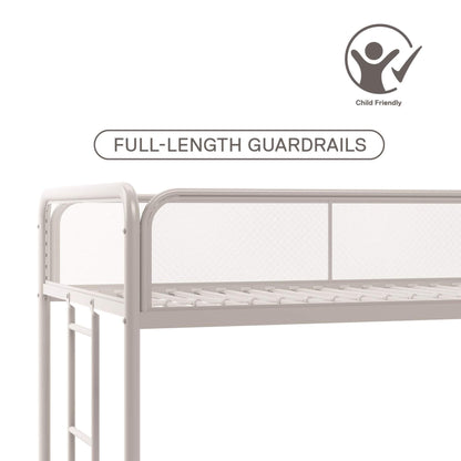Metal bed frame with full-length guardrails on a white background