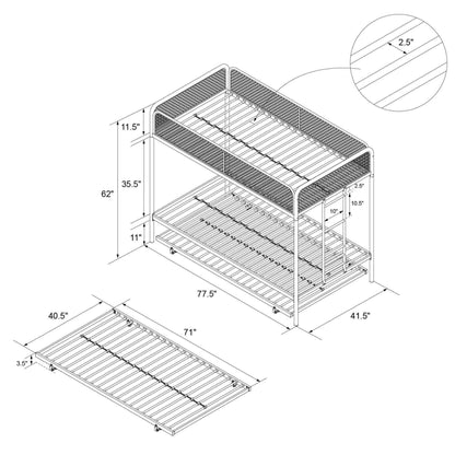 Technical drawing of DHP Isaiah Triple Twin Metal Bunk Bed with dimensions