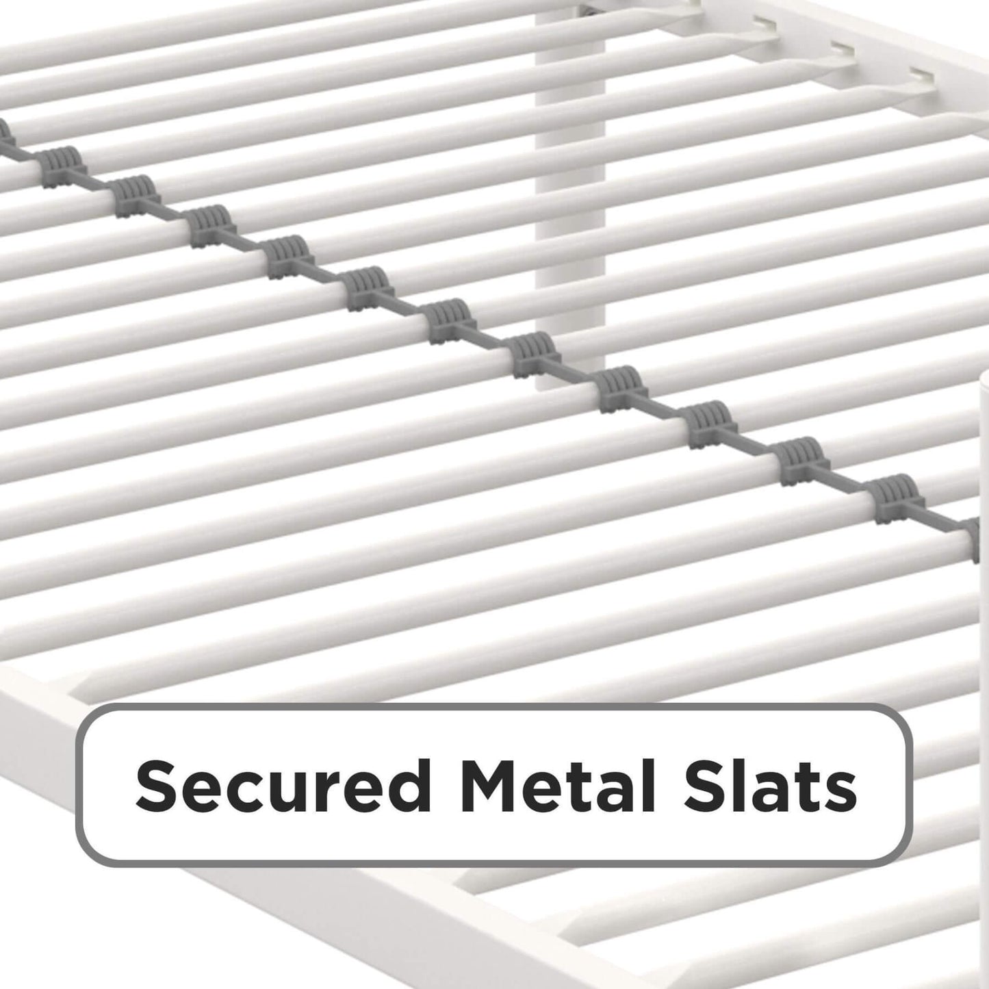 Metal slat rack with secured metal slats on a white background