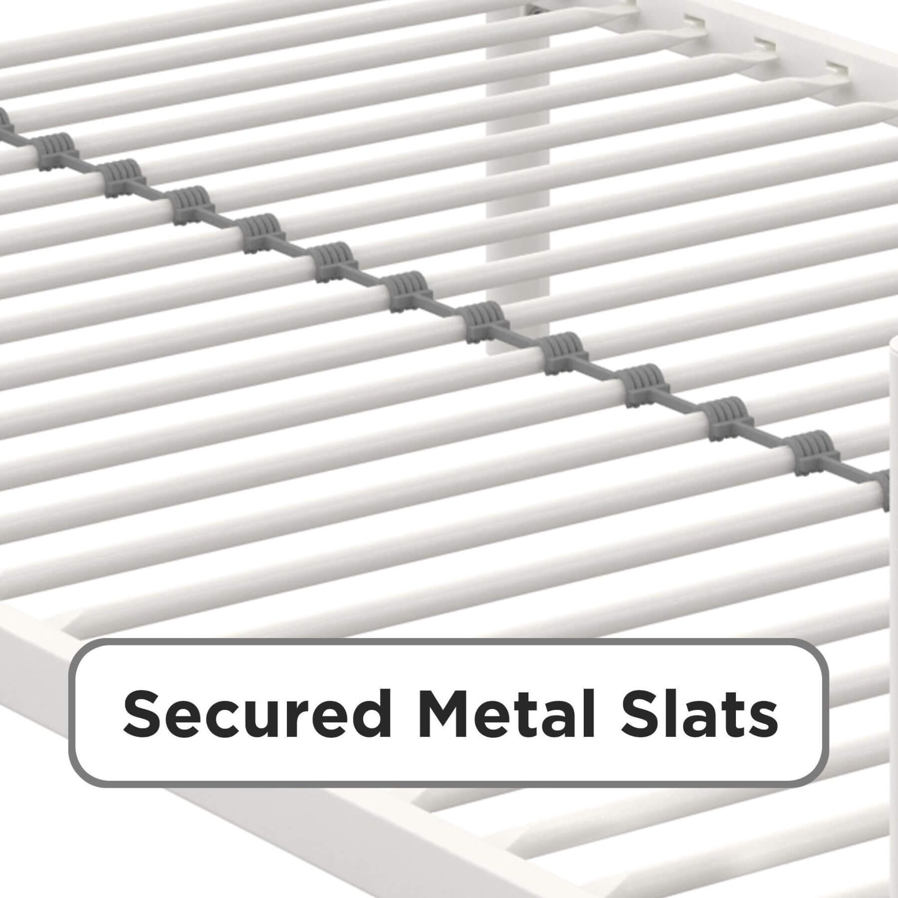 Metal slat rack with secured metal slats on a white background