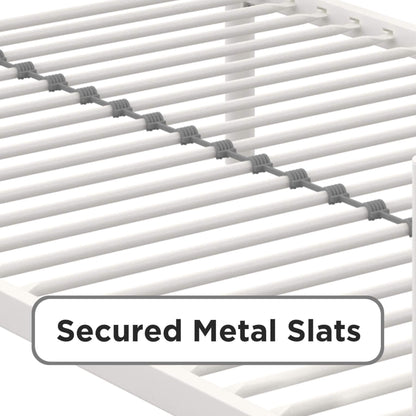 Metal slat rack with secured metal slats on a white background