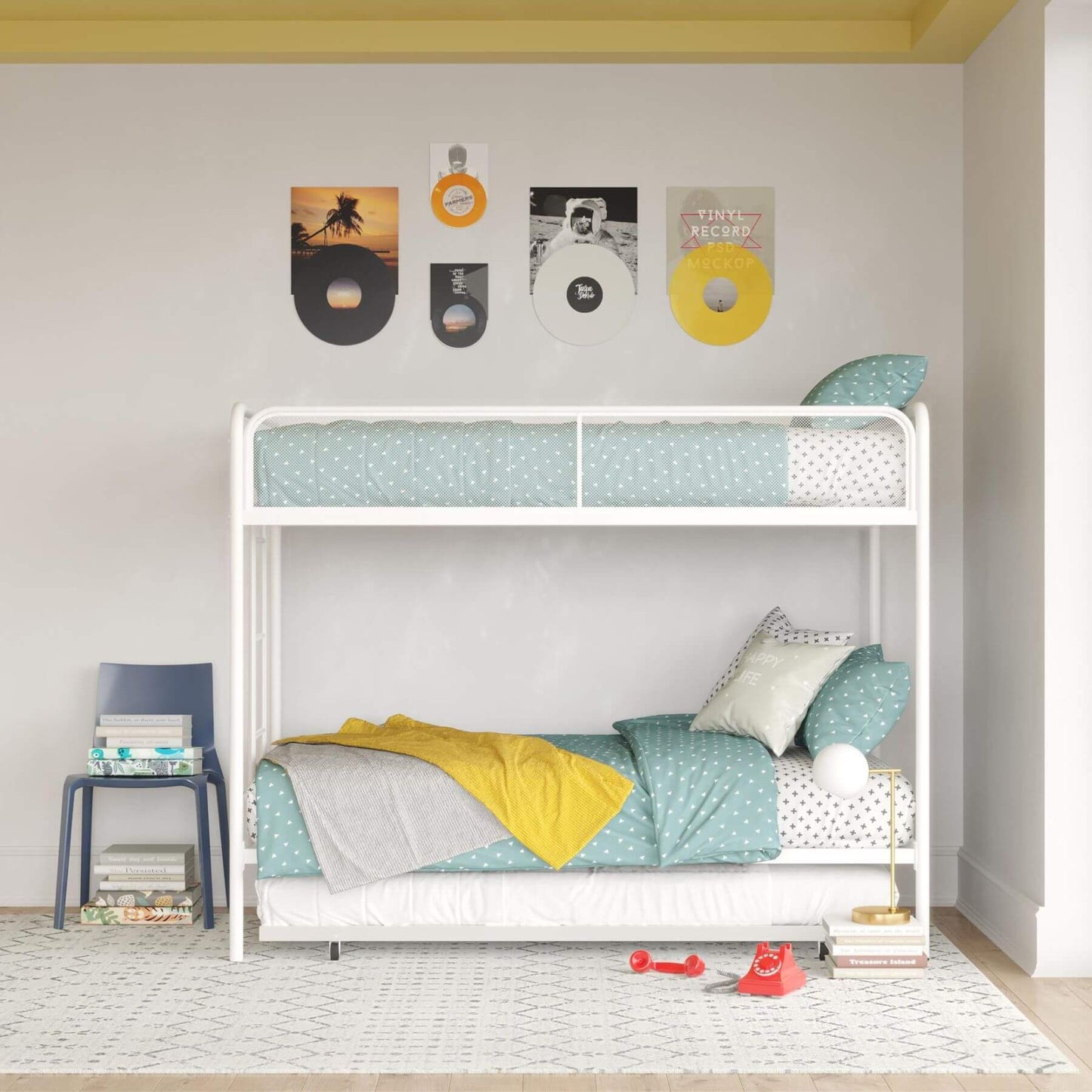 DHP Isaiah Triple Twin Metal Bunk Bed with teal bedding in a room with decorative wall art.