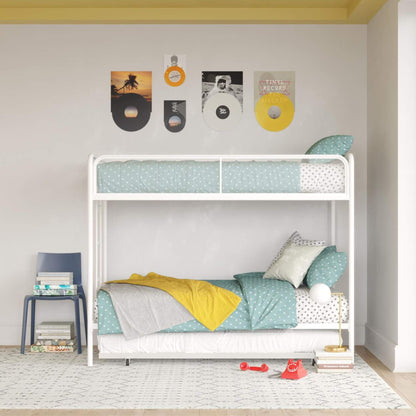 DHP Isaiah Triple Twin Metal Bunk Bed with teal bedding in a room with decorative wall art.