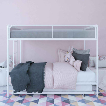 DHP Isaiah Triple Twin Metal Bunk Bed with pink bedding and gray pillows against a pink wall.