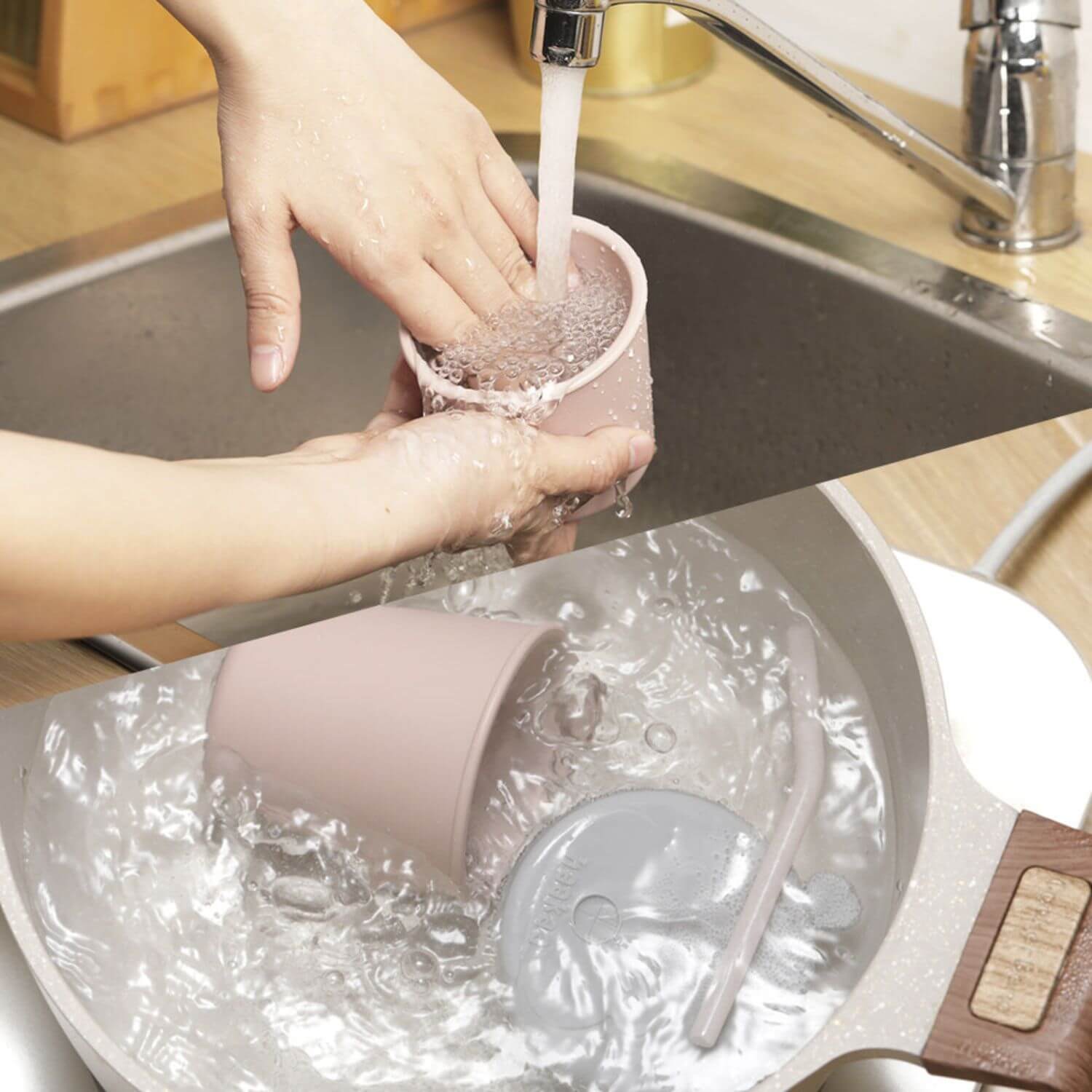 Person washing a pink cup in a sink with running water.