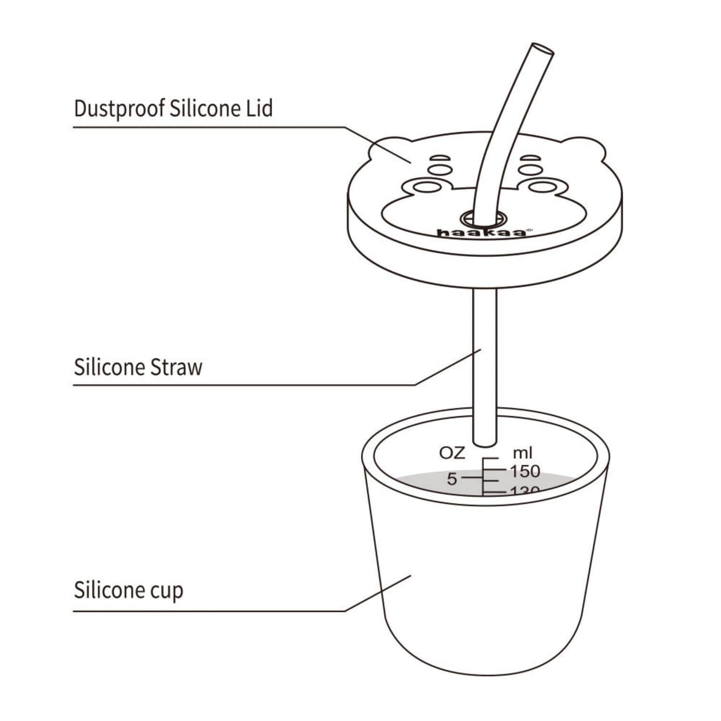 Diagram of a Haakaa silicone cup with dustproof silicone lid and silicone straw on a white background.