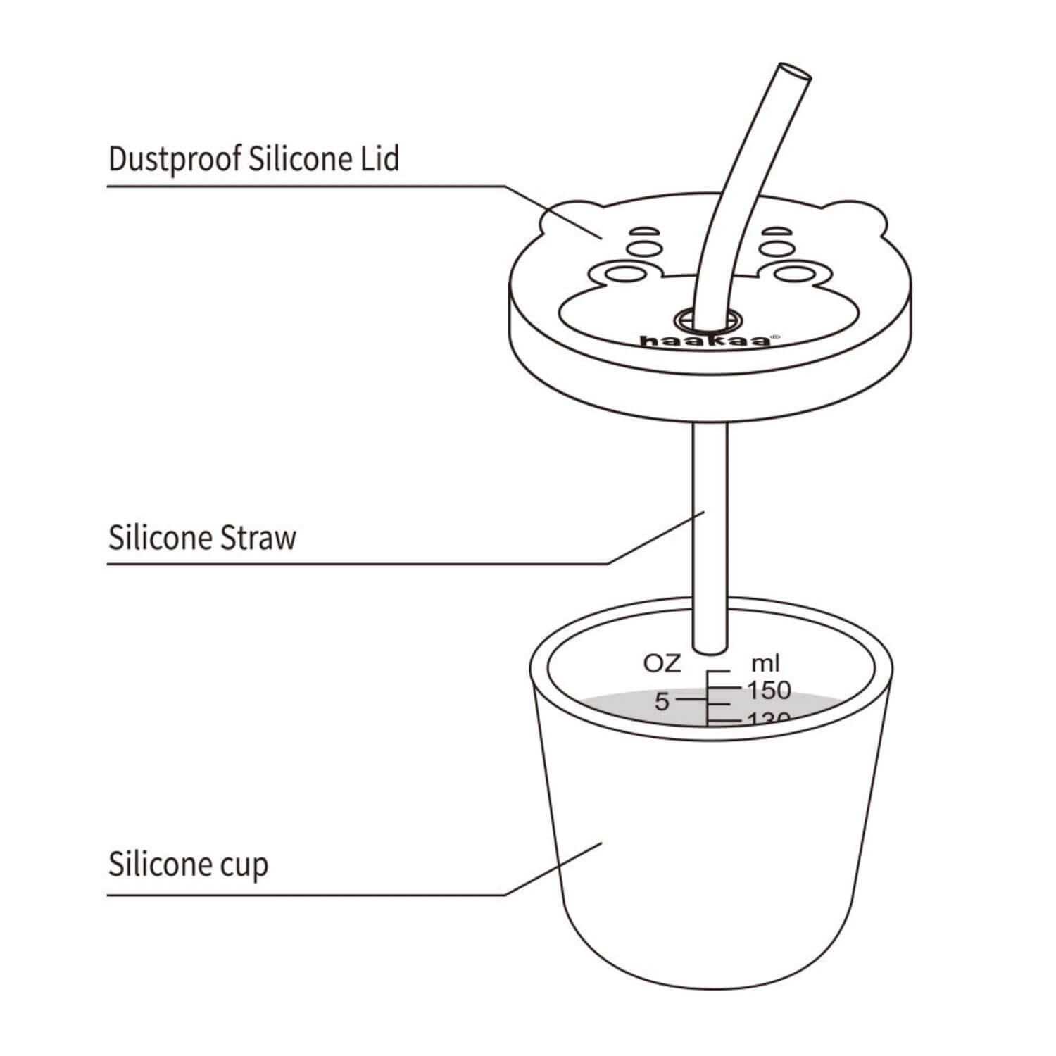 Diagram of a Haakaa silicone cup with dustproof silicone lid and silicone straw on a white background.