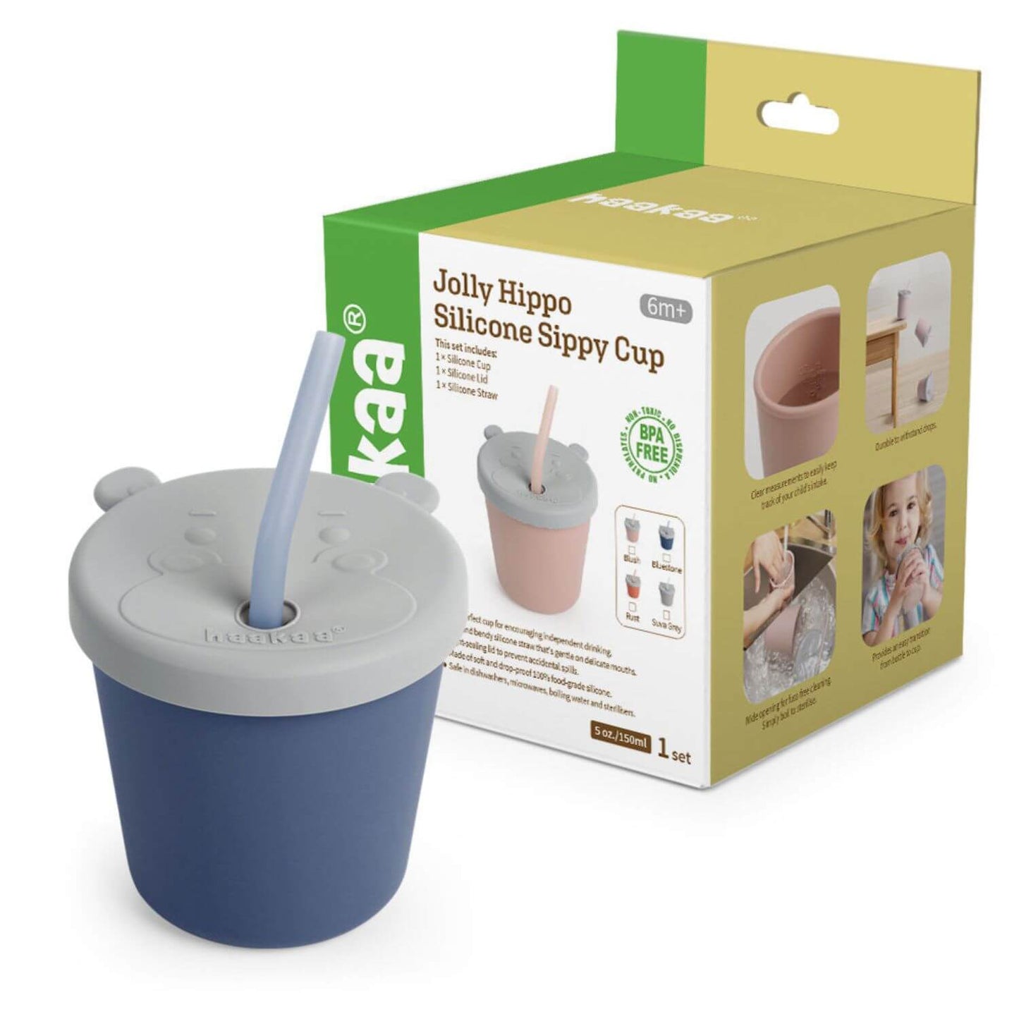 Haakaa Jolly Hippo Silicone Sippy Cup - Bluestone