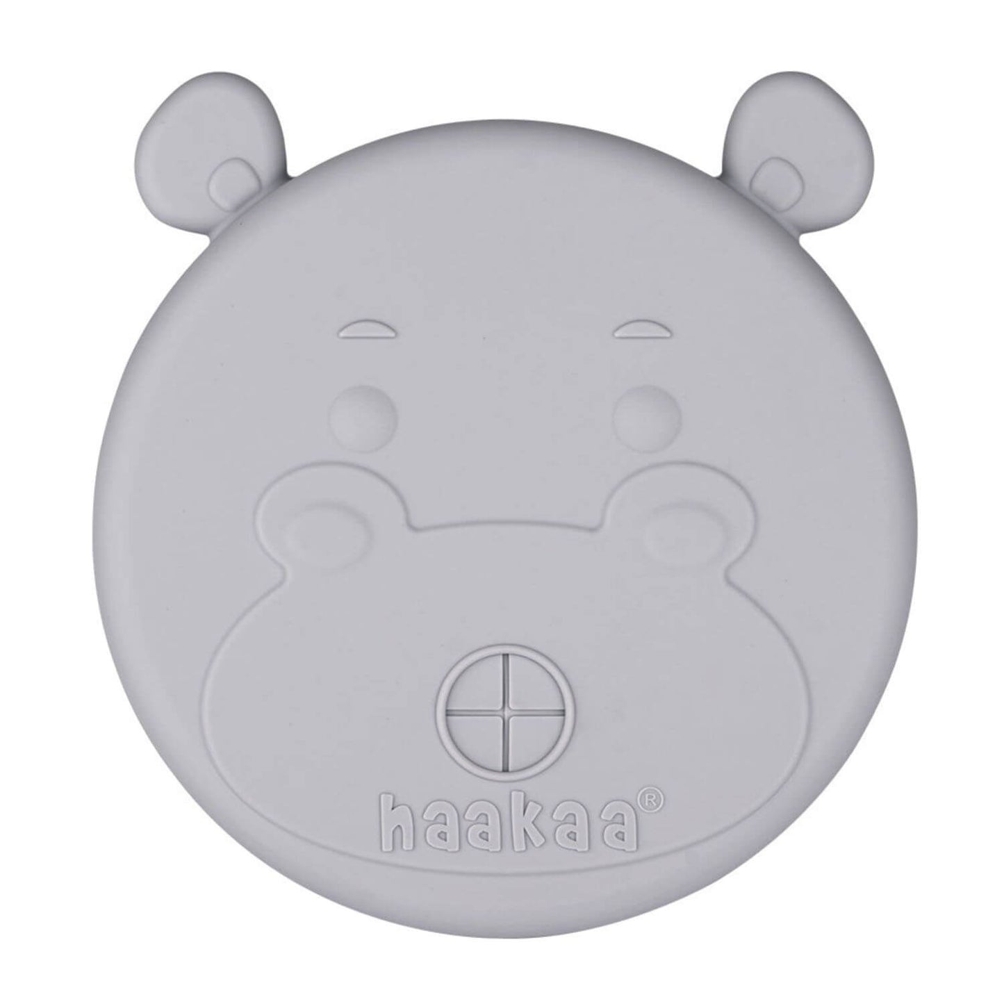 Gray hippo-shaped lid with 'haakaa' branding on a white background