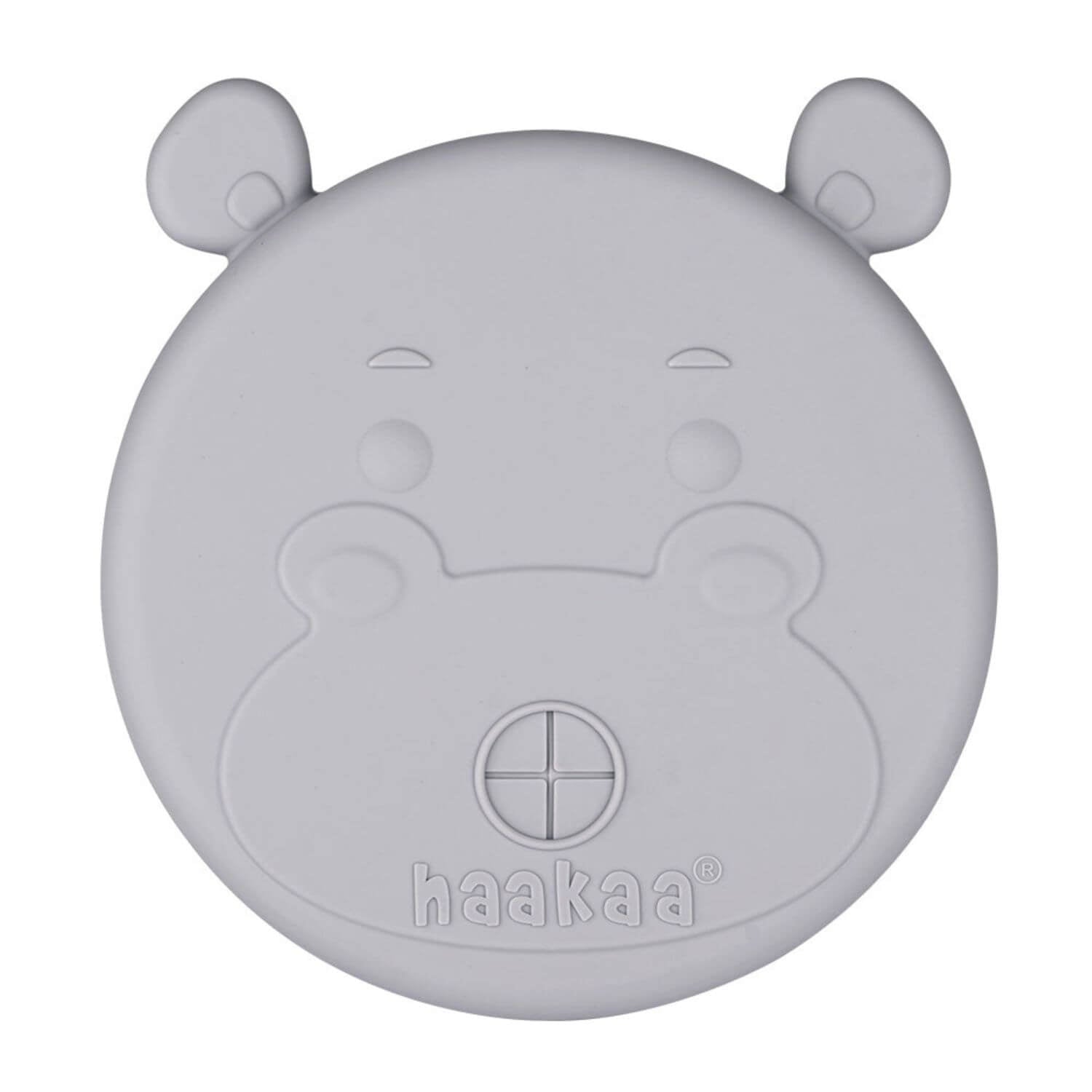 Gray hippo-shaped lid with 'haakaa' branding on a white background