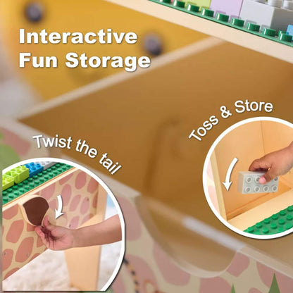 Toy storage solution with interactive features and a giraffe design.
