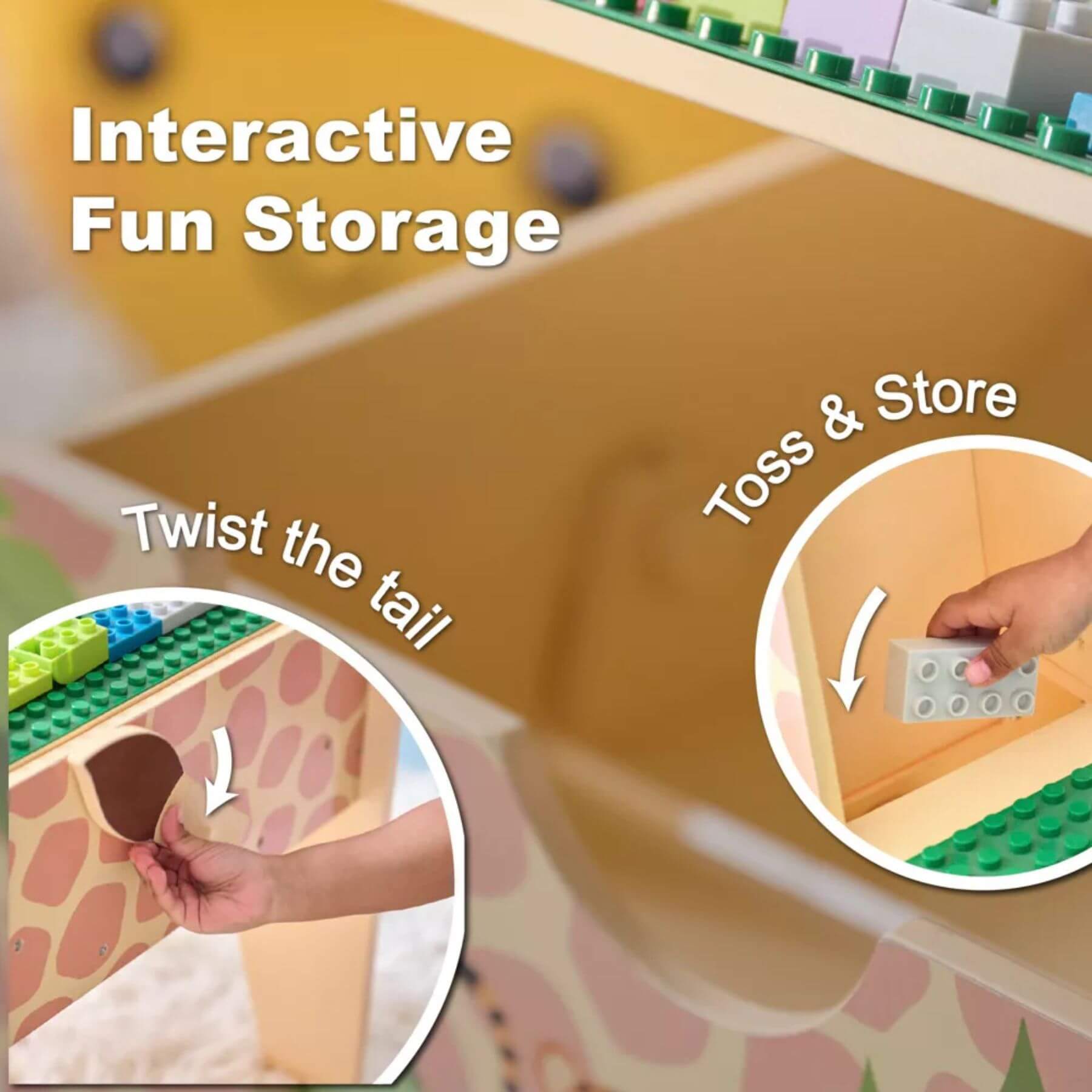 Toy storage solution with interactive features and a giraffe design.