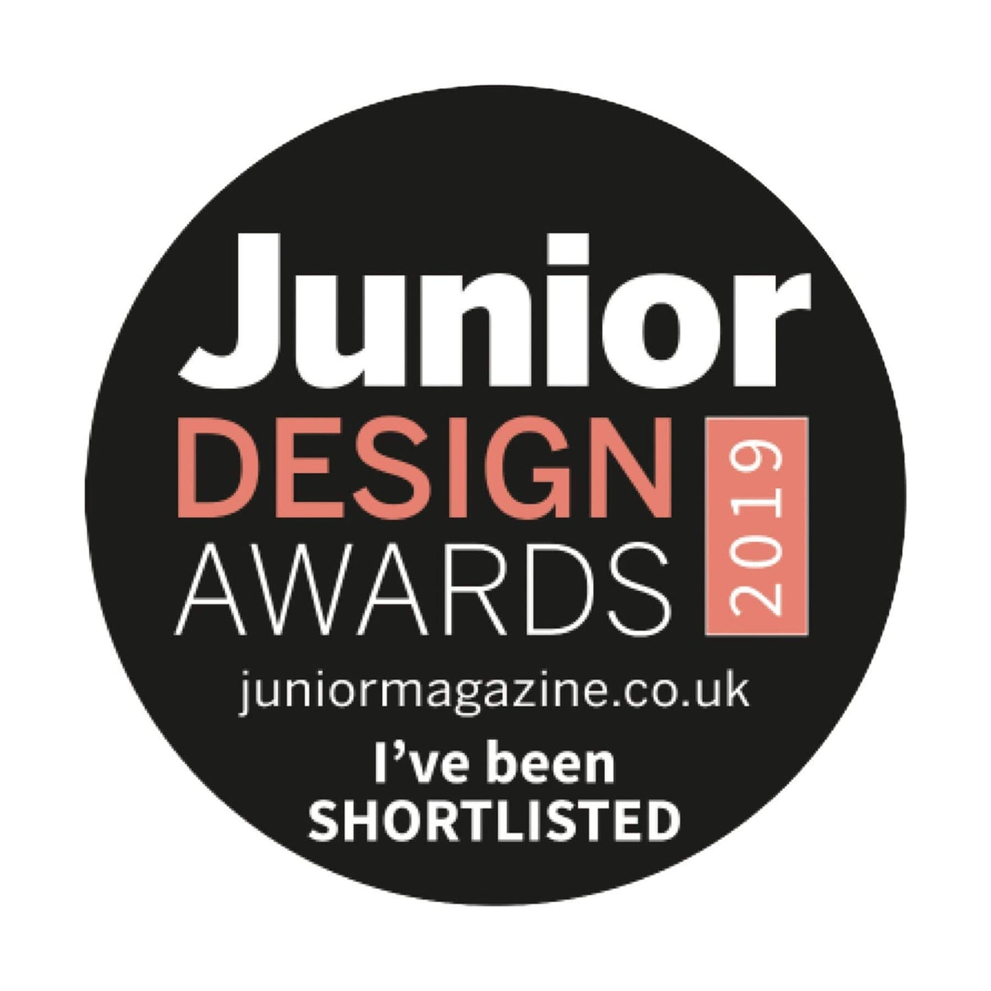 Junior Design Awards 2019 badge with text on a black background