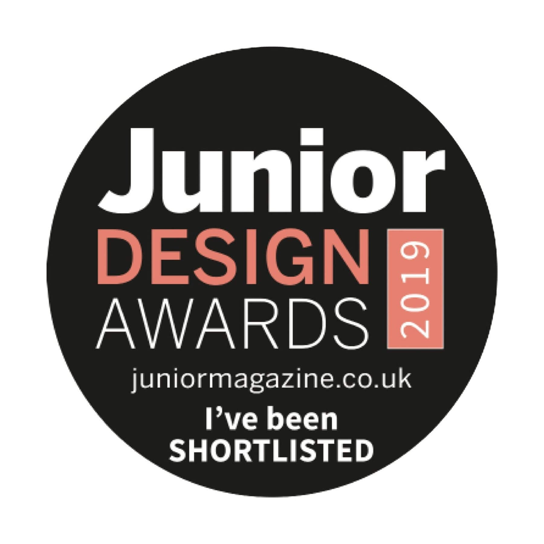 Junior Design Awards 2019 badge with text on a black background