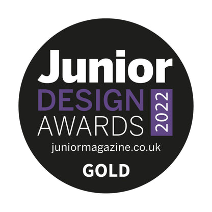 Junior Design Awards 2022 gold winner badge on a black background