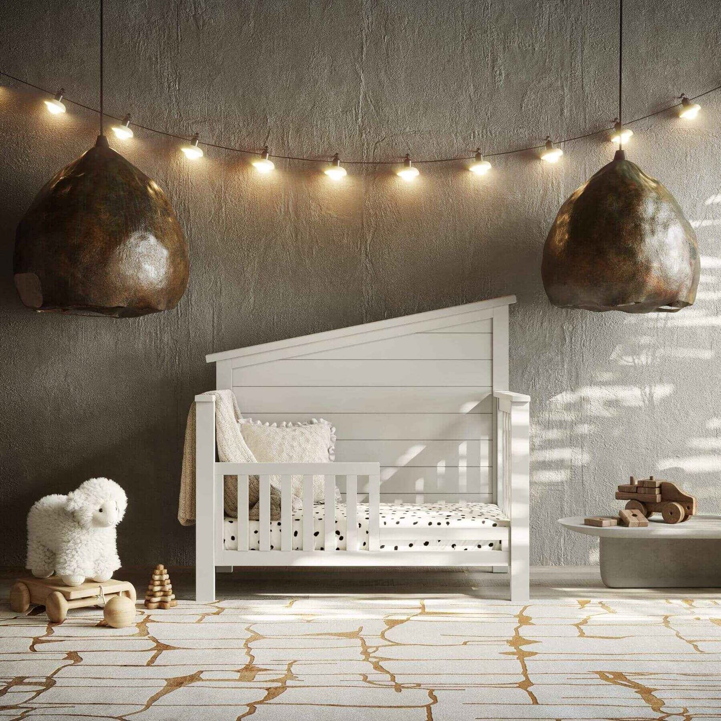 Nursery room with "Just White"  Balanced Baby Convertible Crib, toys, and string lights on a textured wall.