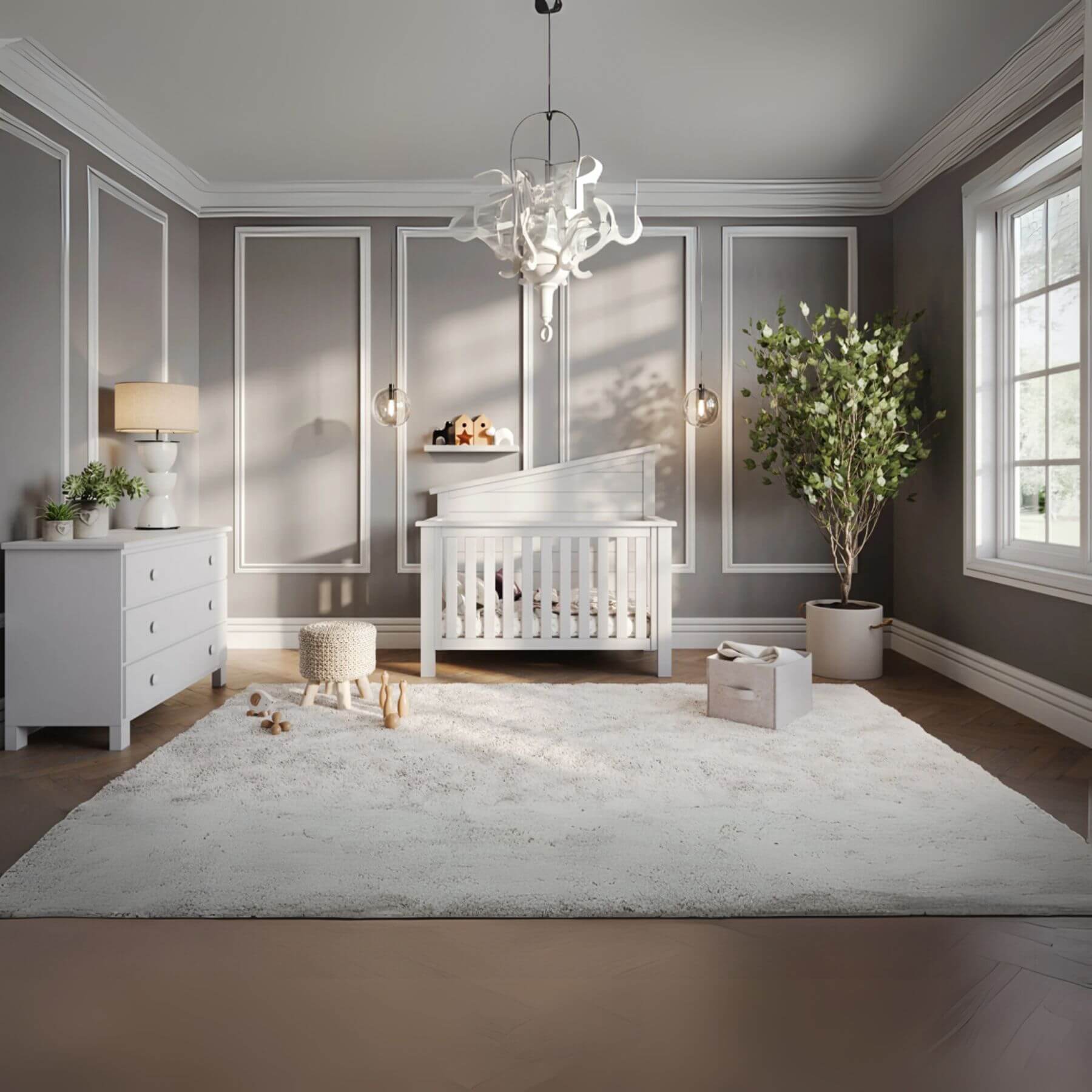 Modern nursery with "Just White"  Balanced Baby Convertible Crib, rug, and decor elements.
