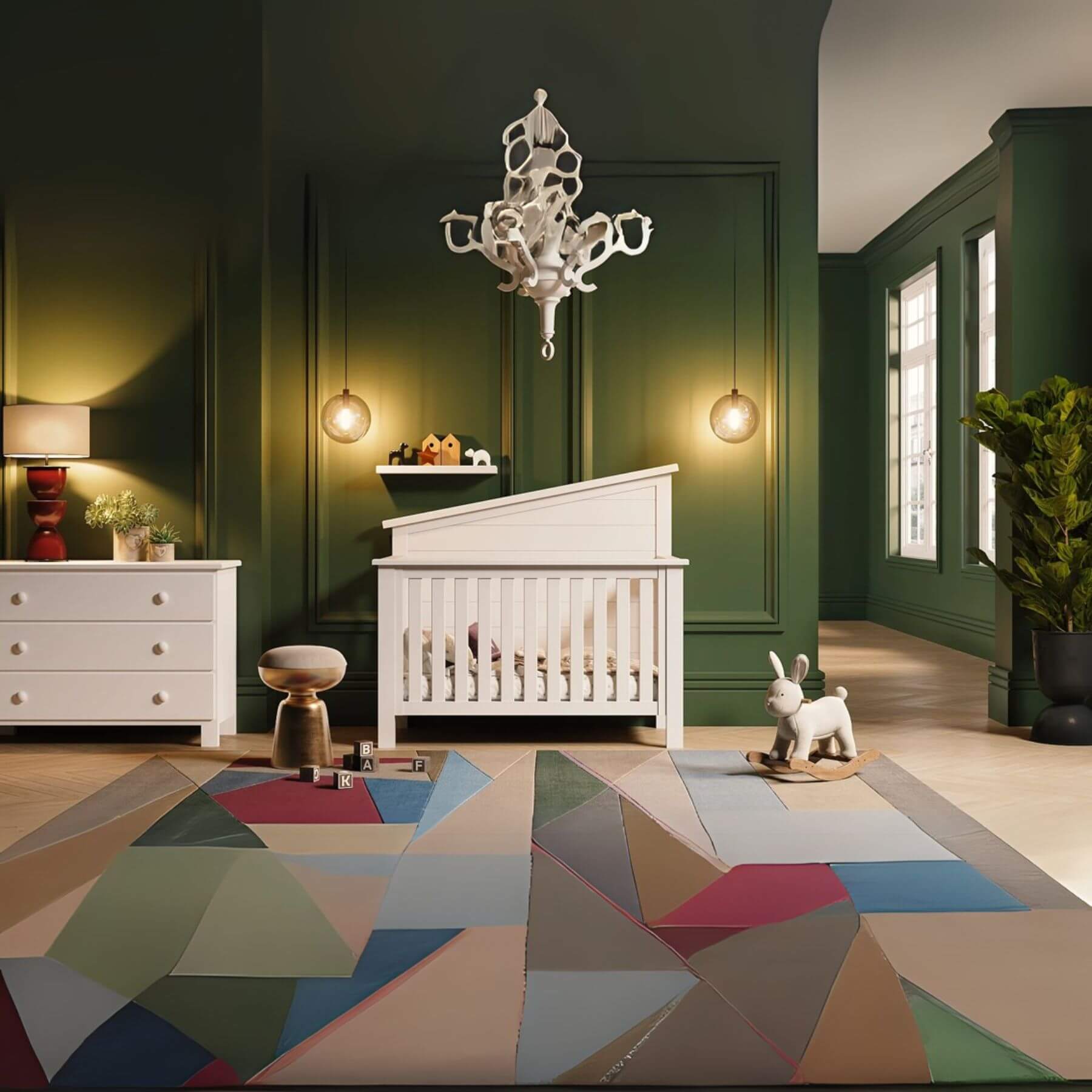 Modern nursery with green walls, "Just White"  Balanced Baby Convertible Crib, colorful rug, and decorative elements.