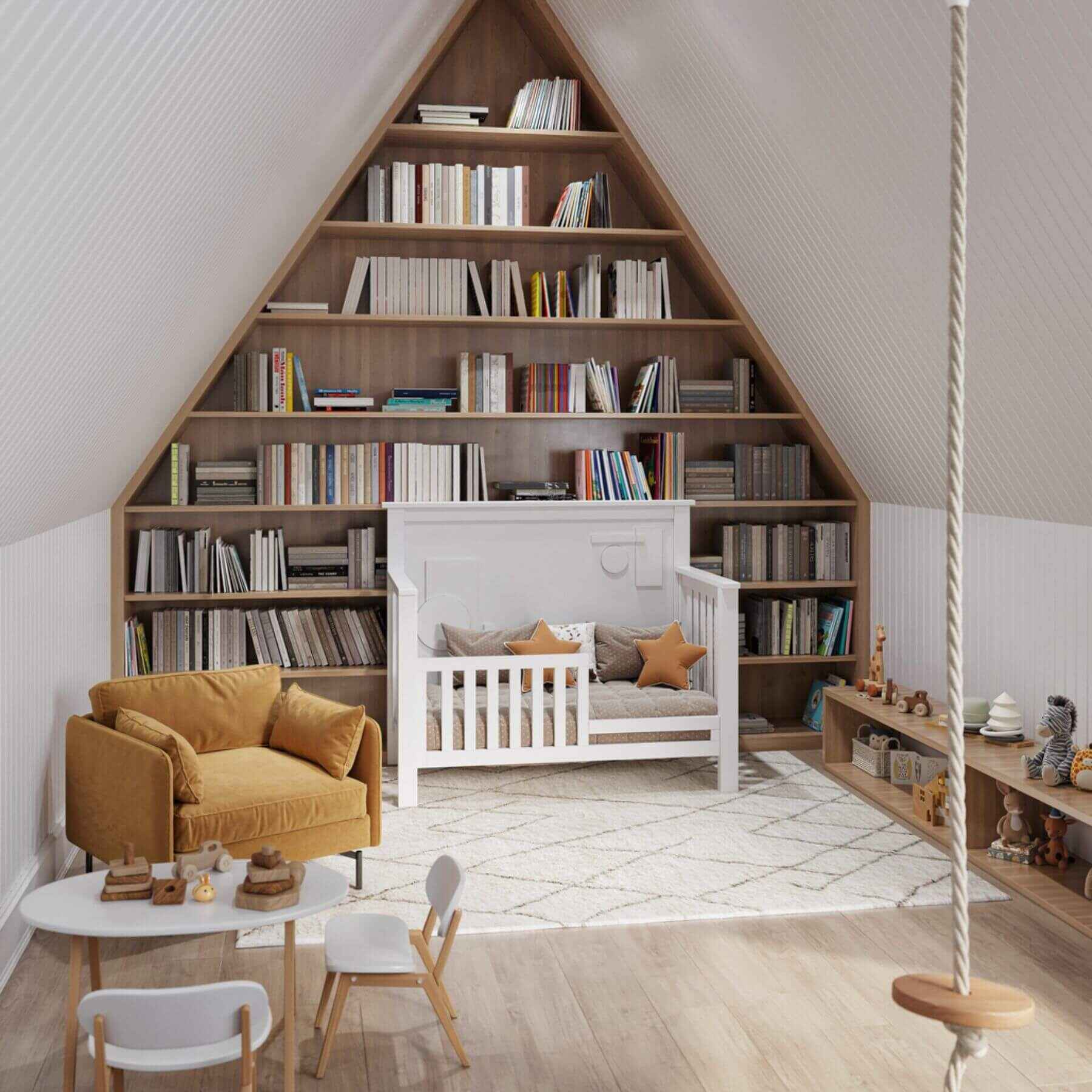 Children's room with bookshelf, yellow sofa, and "Just White" Geometric Convertible Crib.