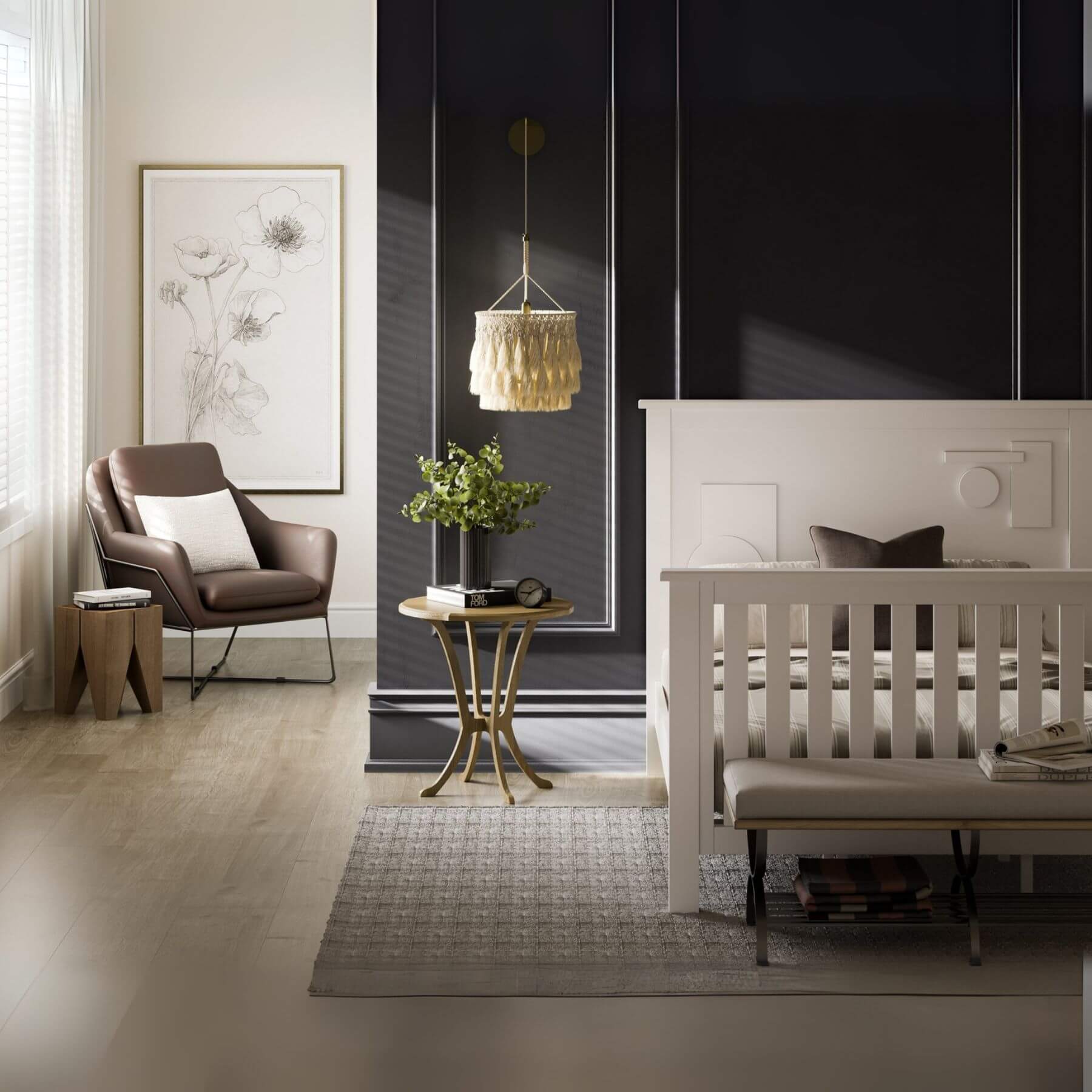 Modern bedroom with "Just White" Geometric Convertible Crib, chair, and side table.