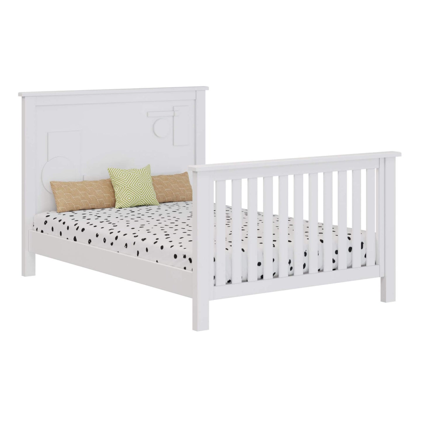 White bed with polka dot bedding and colorful pillows
