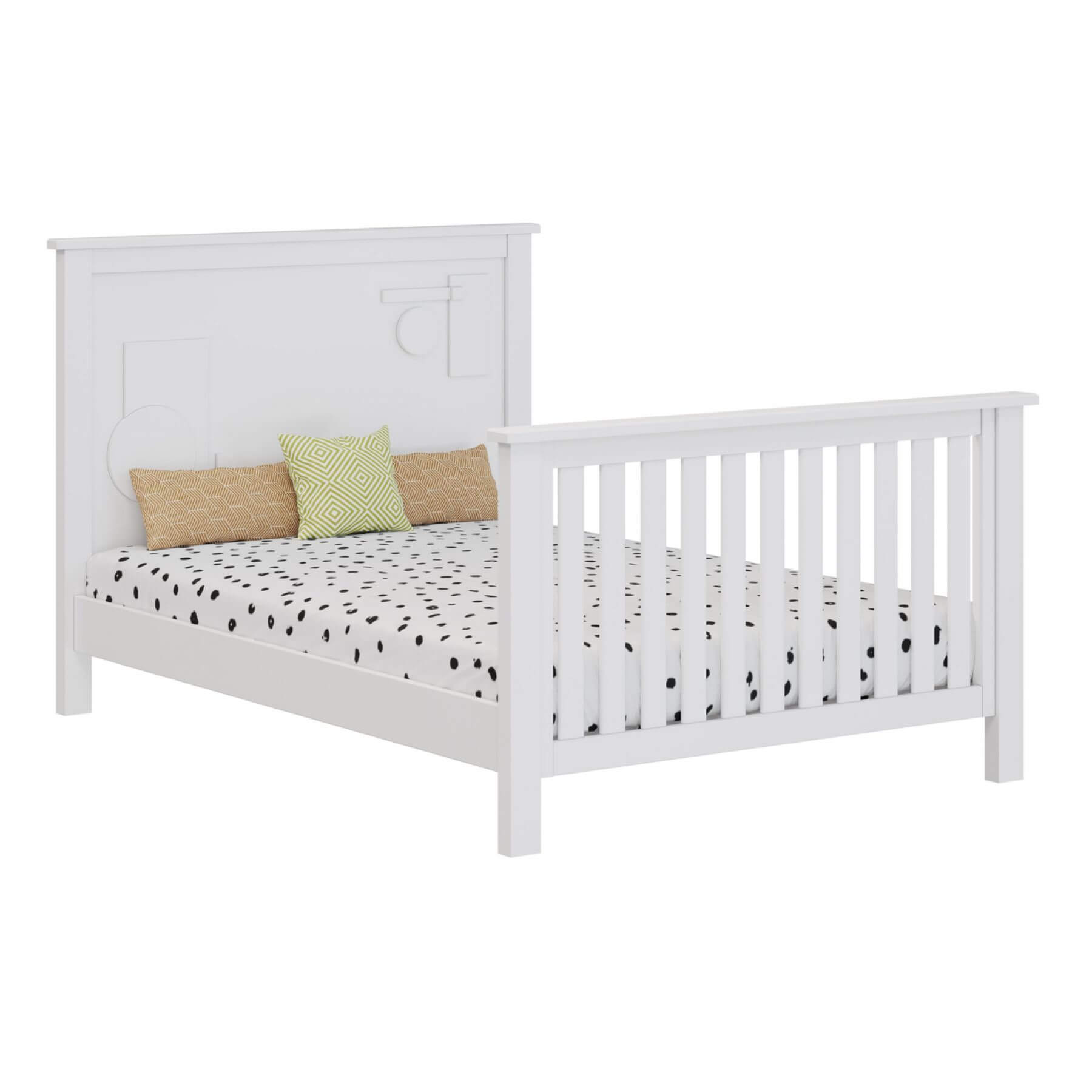White bed with polka dot bedding and colorful pillows