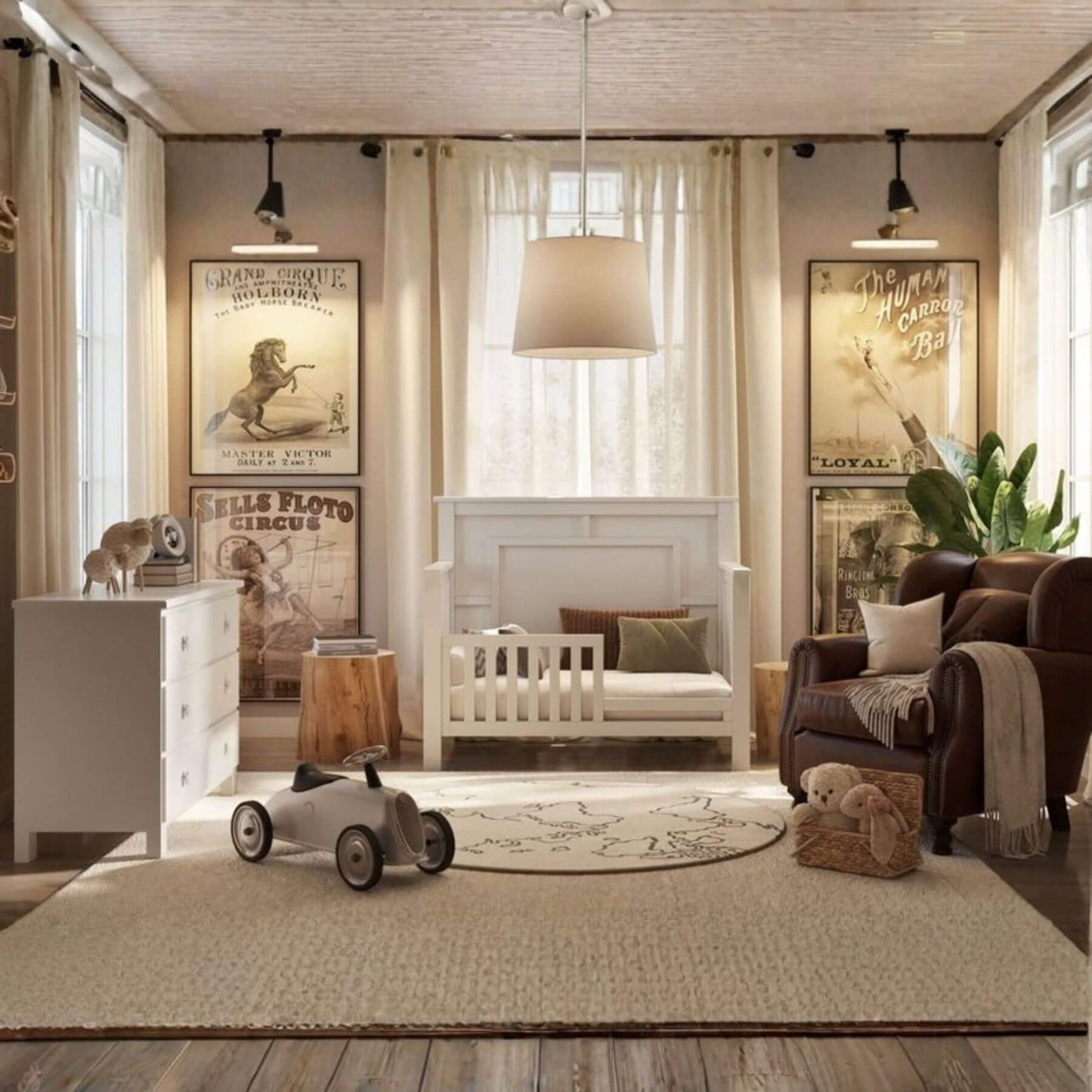 Children's room with vintage decor, toys, and furniture.