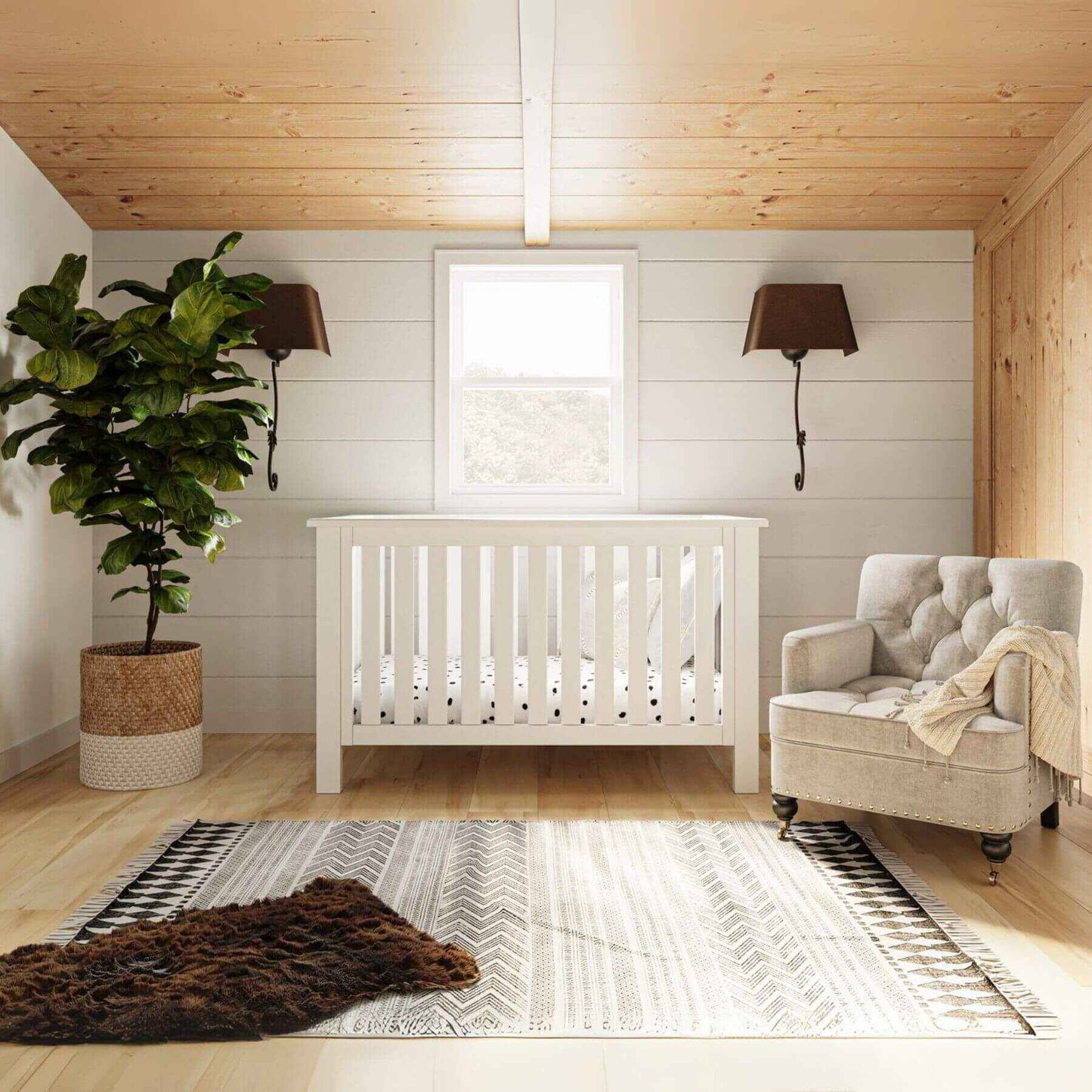"Just White" Island Convertible Crib in nursery room