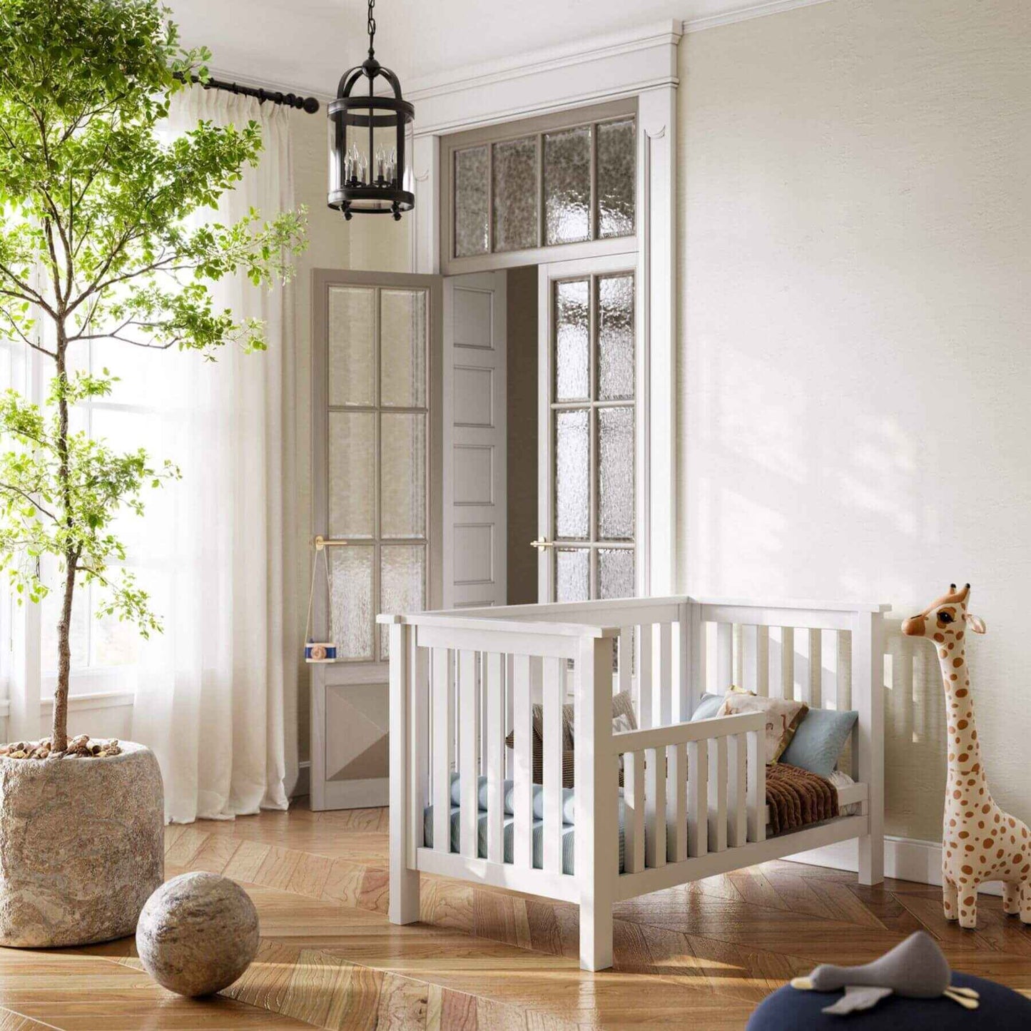 "Just White" Island Convertible Crib in nursery room
