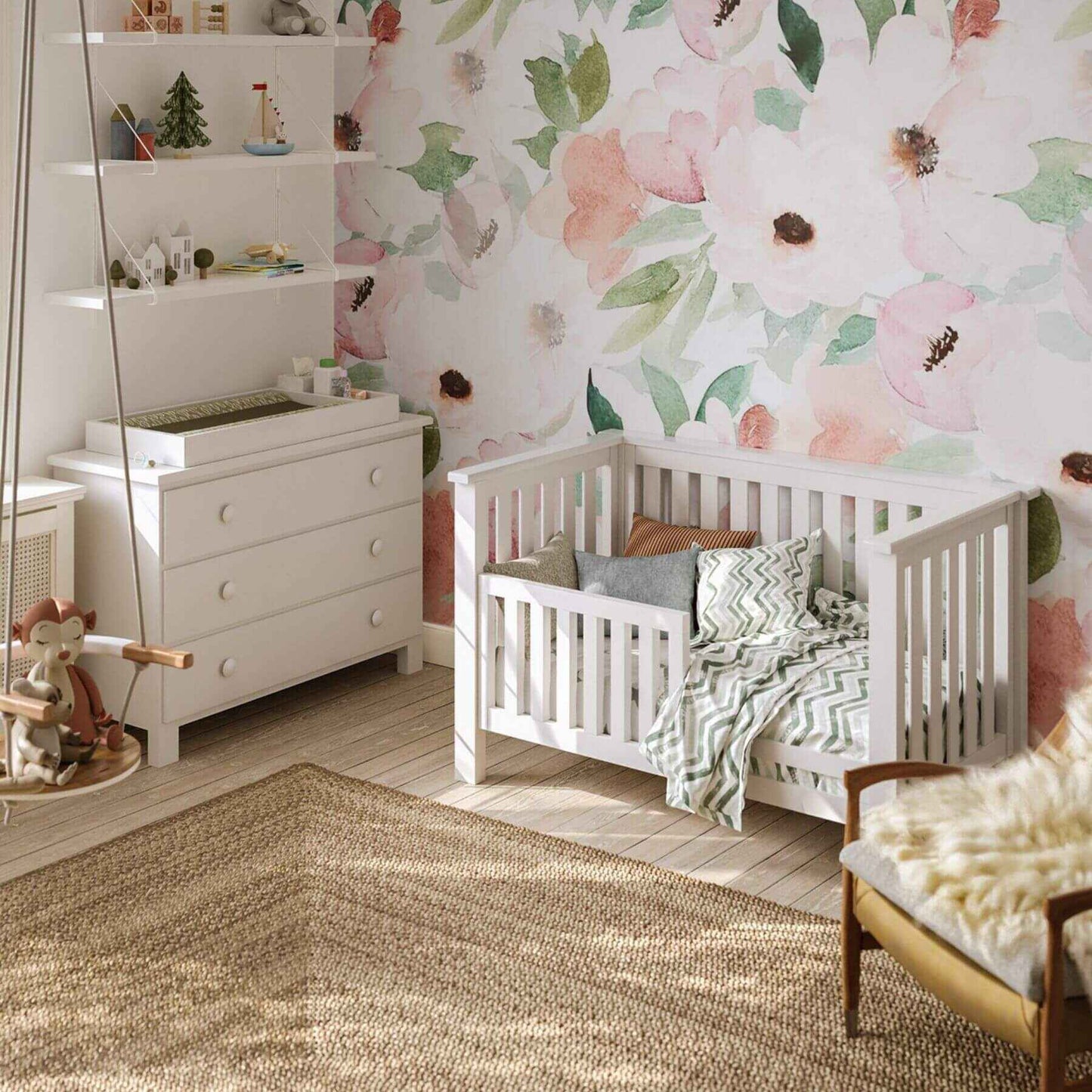"Just White" Island Convertible Crib in nursery room
