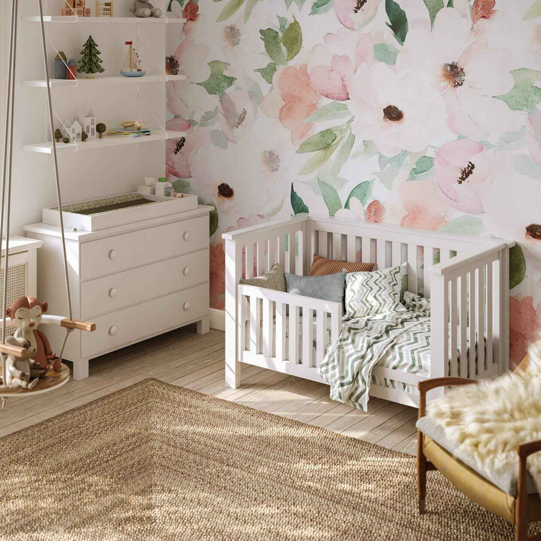 "Just White" Island Convertible Crib in nursery room