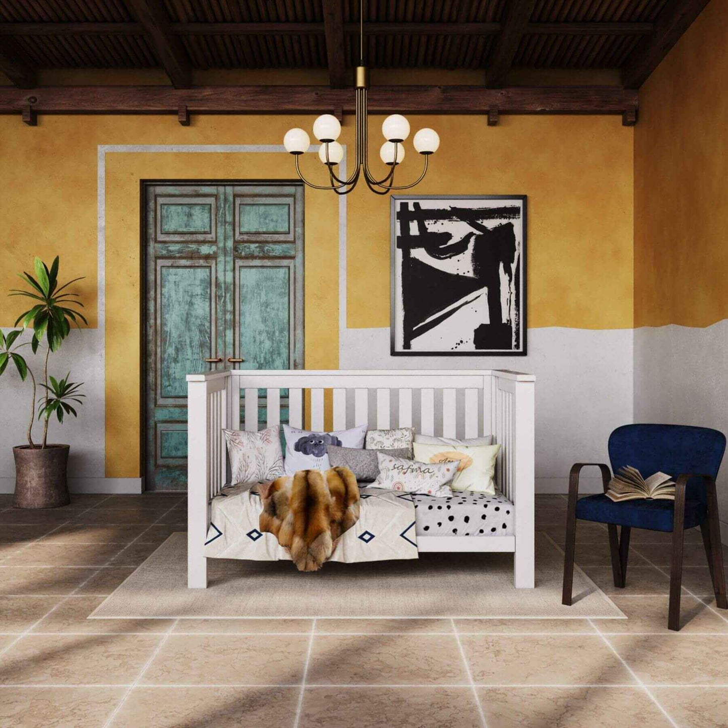 "Just White" Island Convertible Crib in nursery room