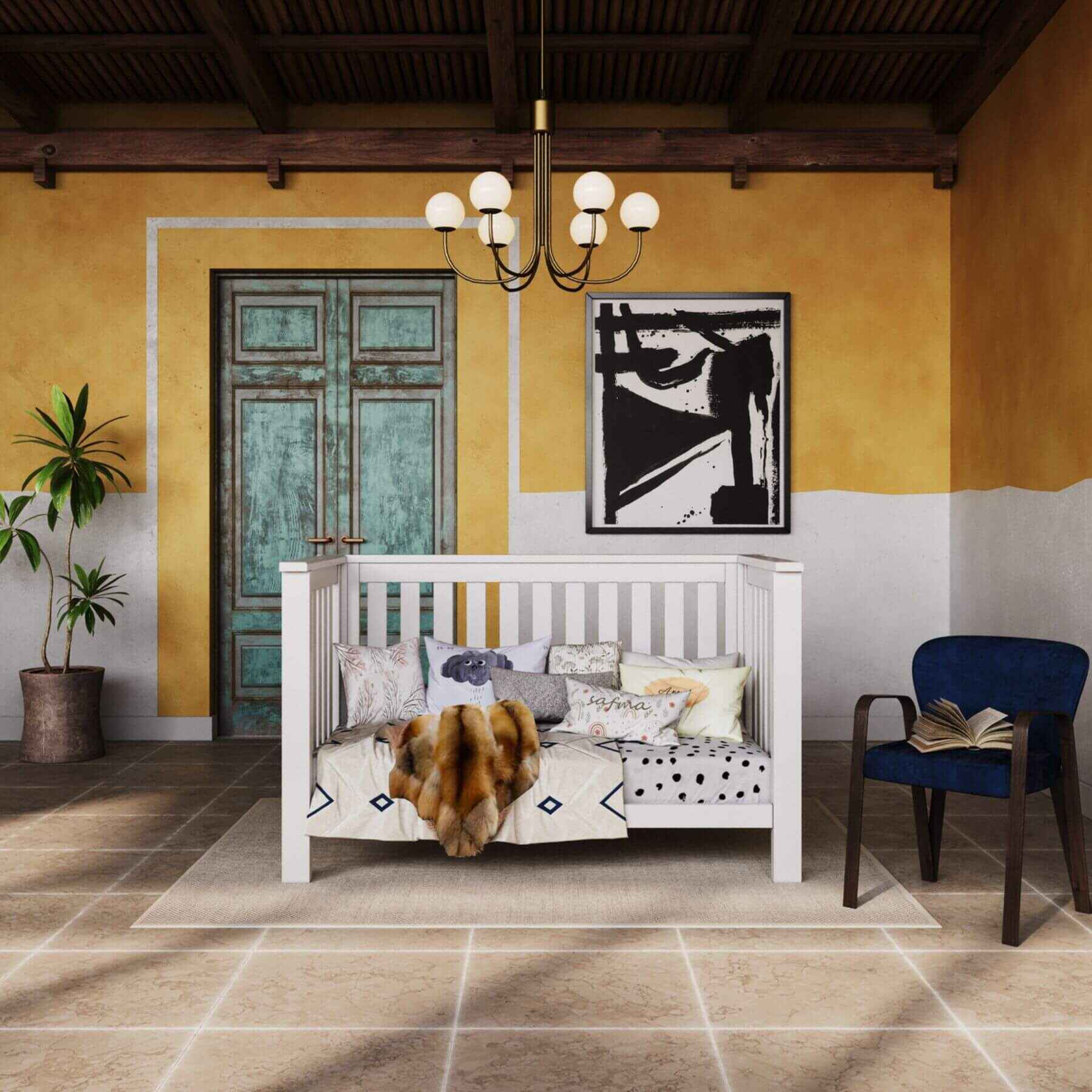 "Just White" Island Convertible Crib in nursery room