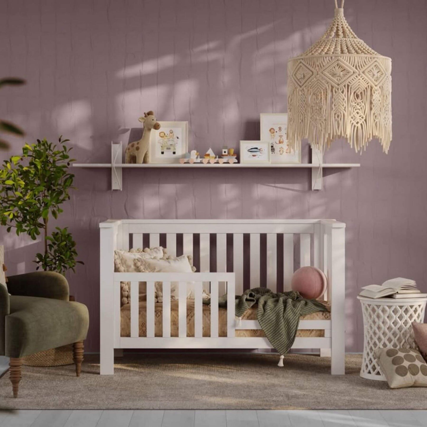 Nursery room with a white crib, shelves with decor, and a textured wall.