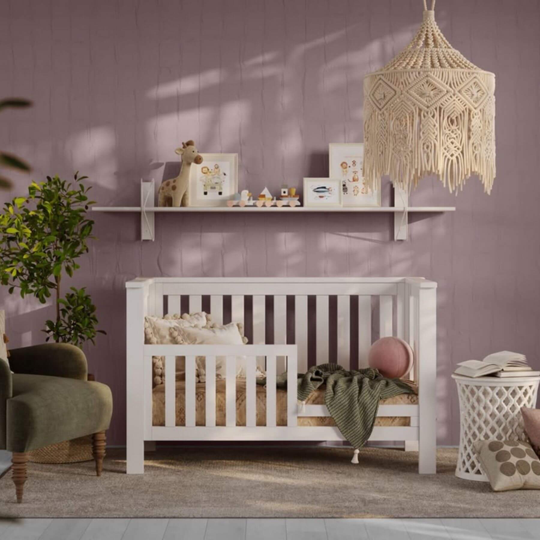 Nursery room with a white crib, shelves with decor, and a textured wall.