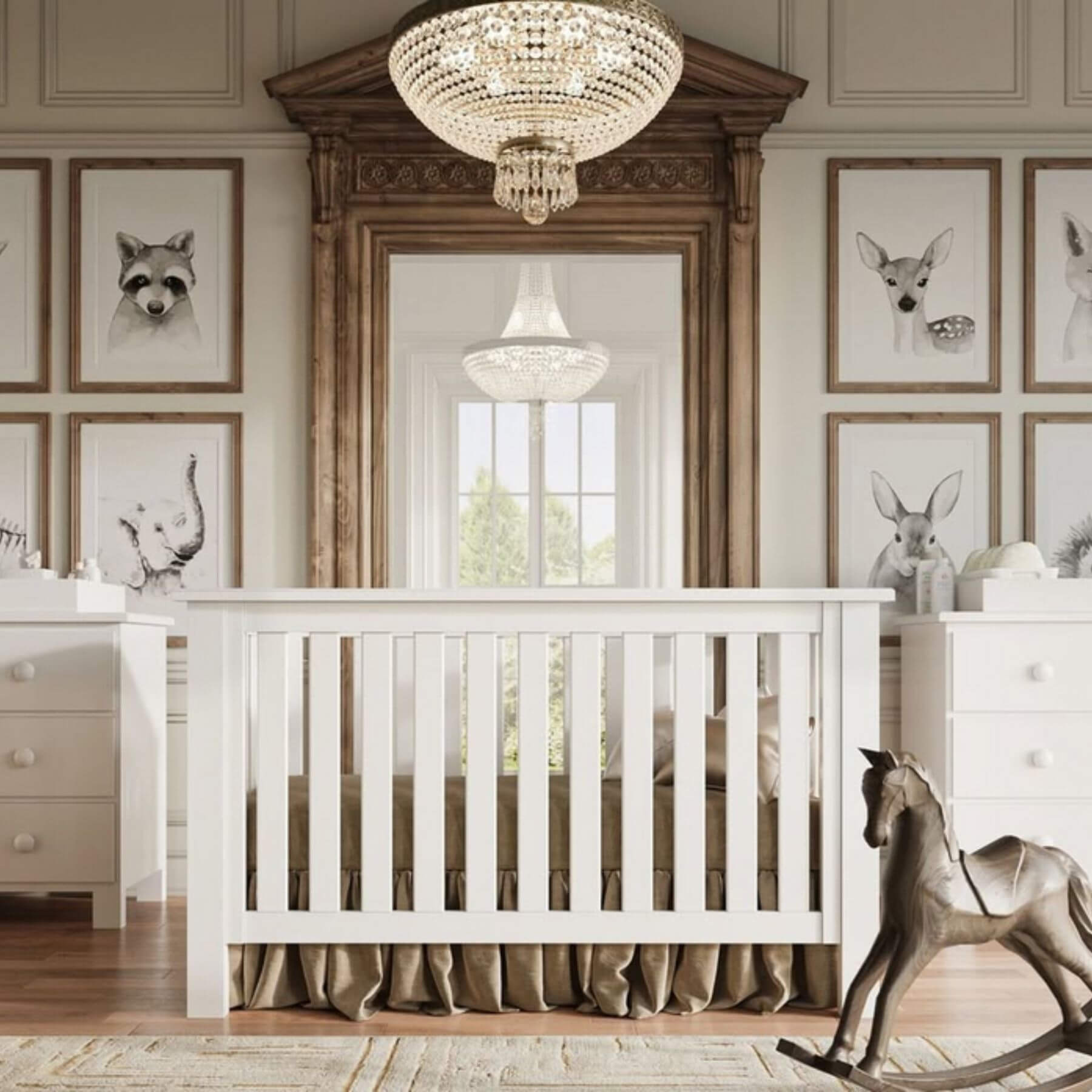 Nursery room with white crib, framed animal prints on the wall, and a rocking horse.