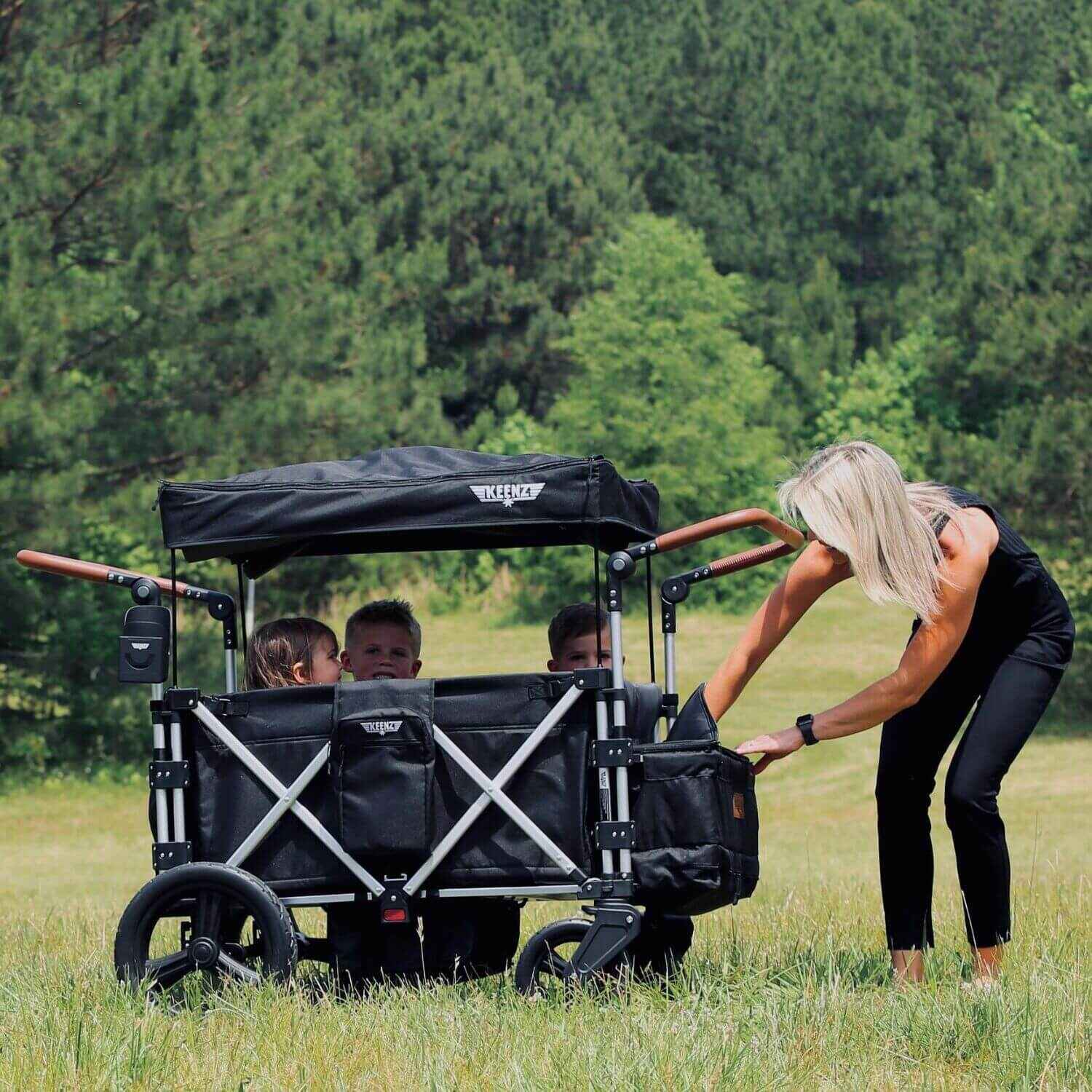 Mom w/ Three Kids on Keenz 7S+ - Ultimate Adventure Stroller Wagon - 4 Passenger Black