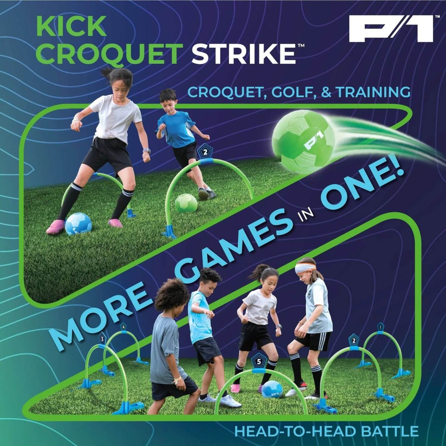 Advertisement for 'Kick Croquet Strike' with children playing and text about multiple games in one.