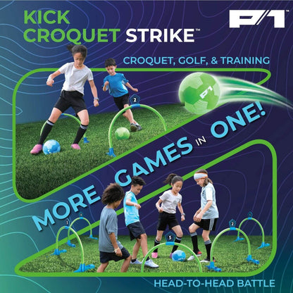 Advertisement for 'Kick Croquet Strike' with children playing and text about multiple games in one.
