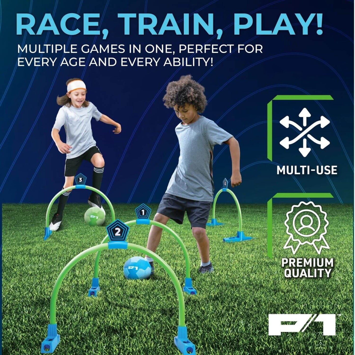 A children's soccer agility set shown on a grass field with two kids playing, plus feature callouts reading 'MULTI-USE' and 'PREMIUM QUALITY' on a dark blue graphic background.