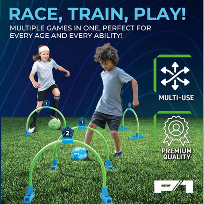 A children's soccer agility set shown on a grass field with two kids playing, plus feature callouts reading 'MULTI-USE' and 'PREMIUM QUALITY' on a dark blue graphic background.