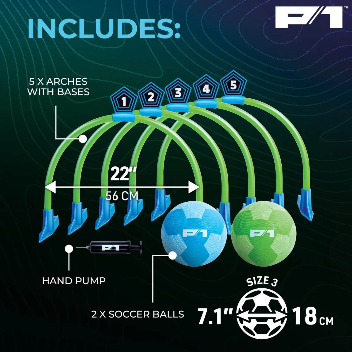 P1 soccer training set with arches, balls, and pump on a dark background