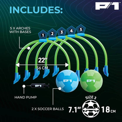 P1 soccer training set with arches, balls, and pump on a dark background