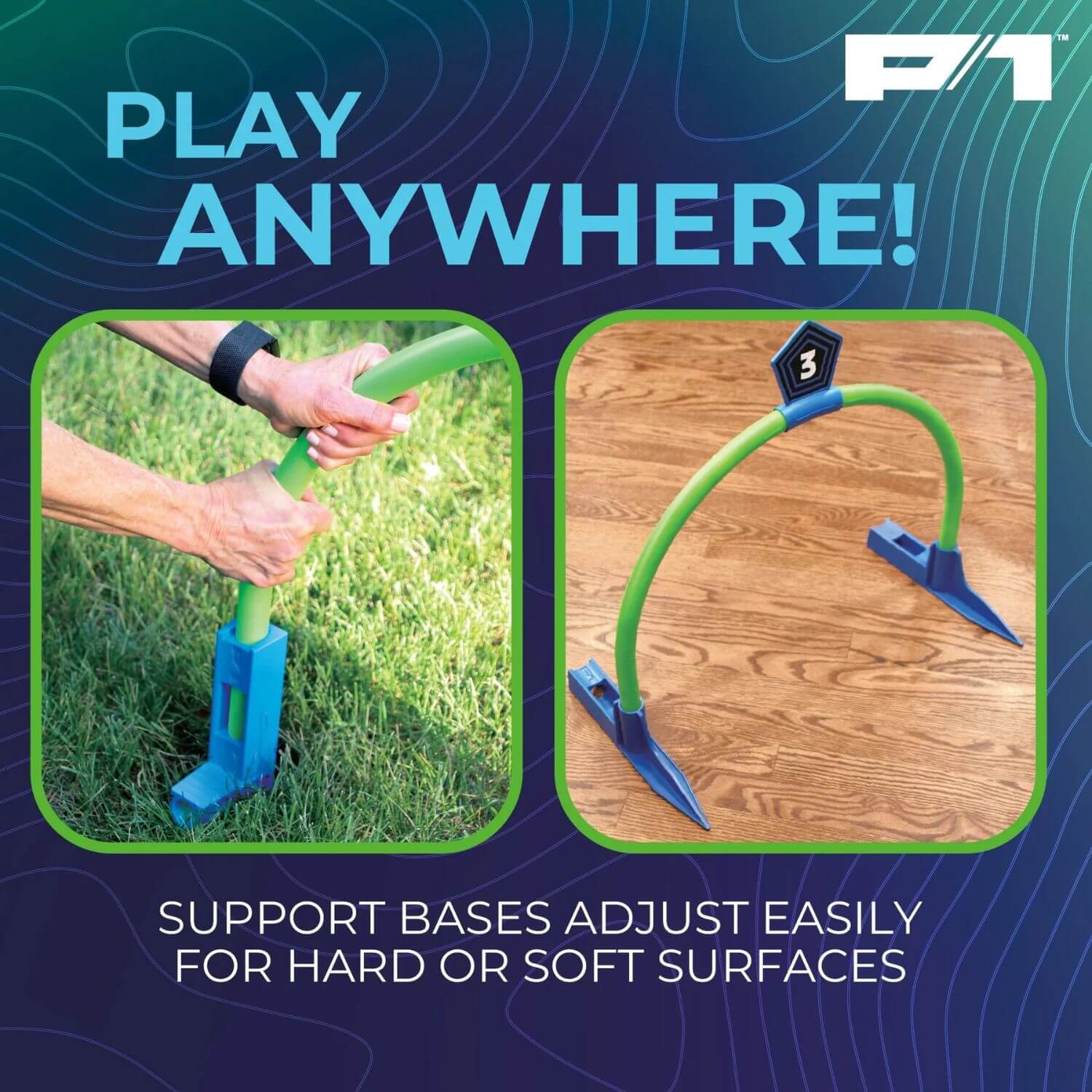 Promotional graphic for a green and blue arch support stand with two inset photos showing use on grass and on a wooden floor. Large text reads 'PLAY ANYWHERE!' and 'SUPPORT BASES ADJUST EASILY FOR HARD OR SOFT SURFACES.