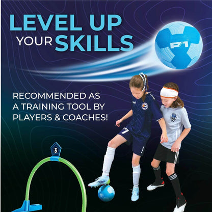 Two children playing soccer with a training tool, promotional text for skill improvement, on a dark background.
