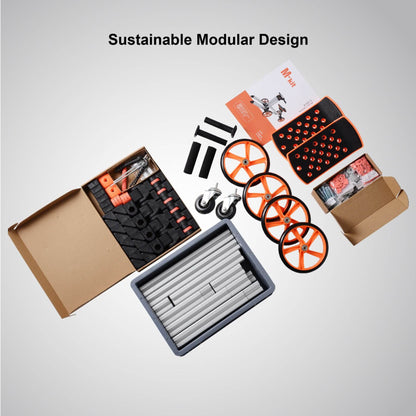 Collection of modular components and tools with 'Sustainable Modular Design' text on a gray background