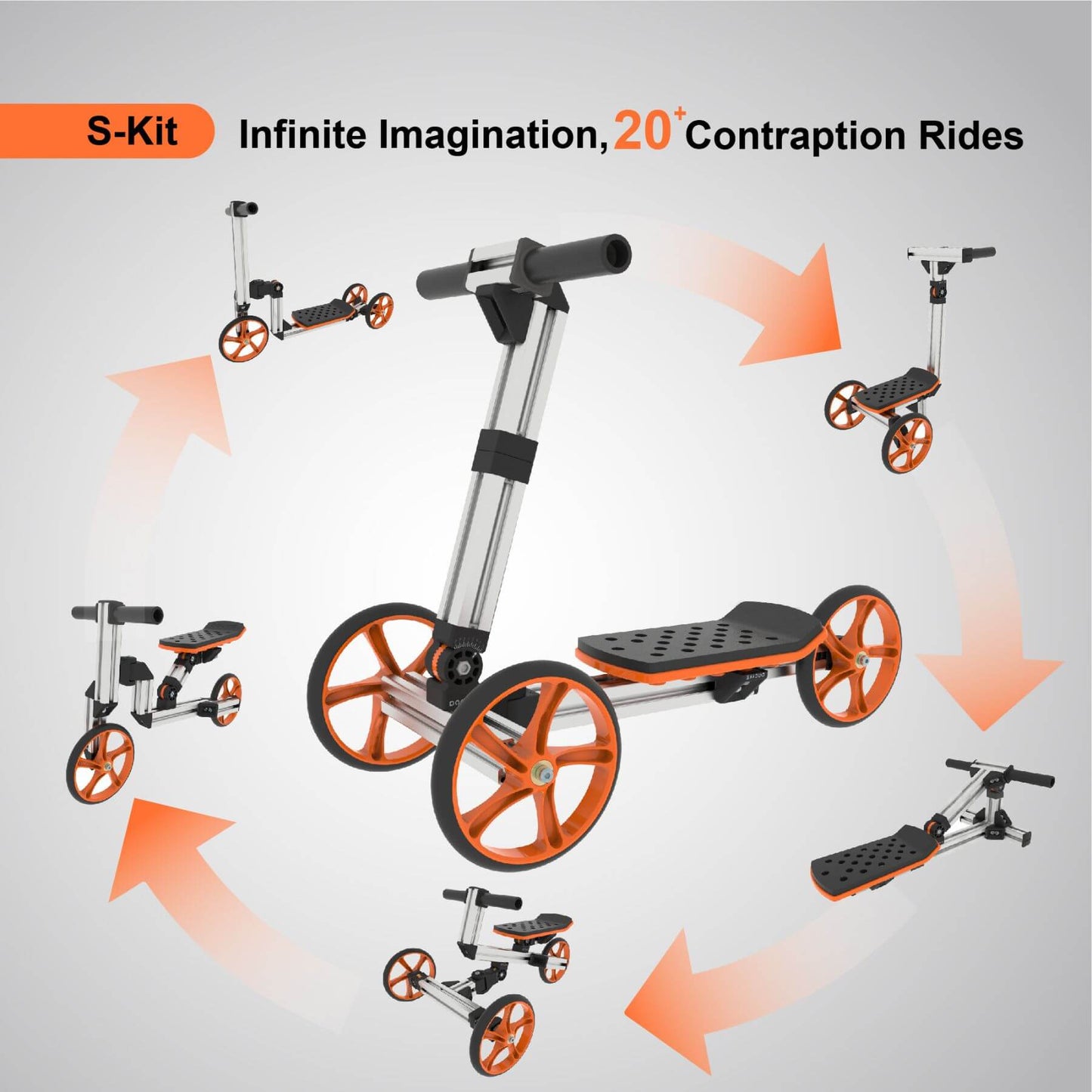 Multi-functional scooter with various attachments on a gray background