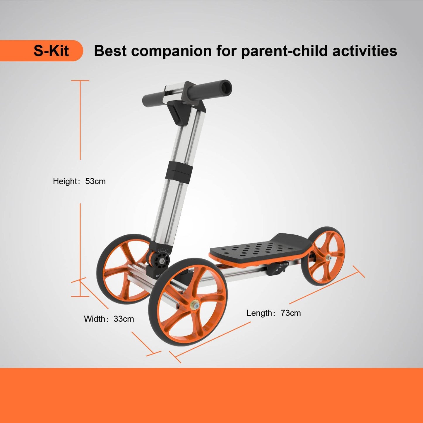 S-Kit scooter with dimensions on a gray background