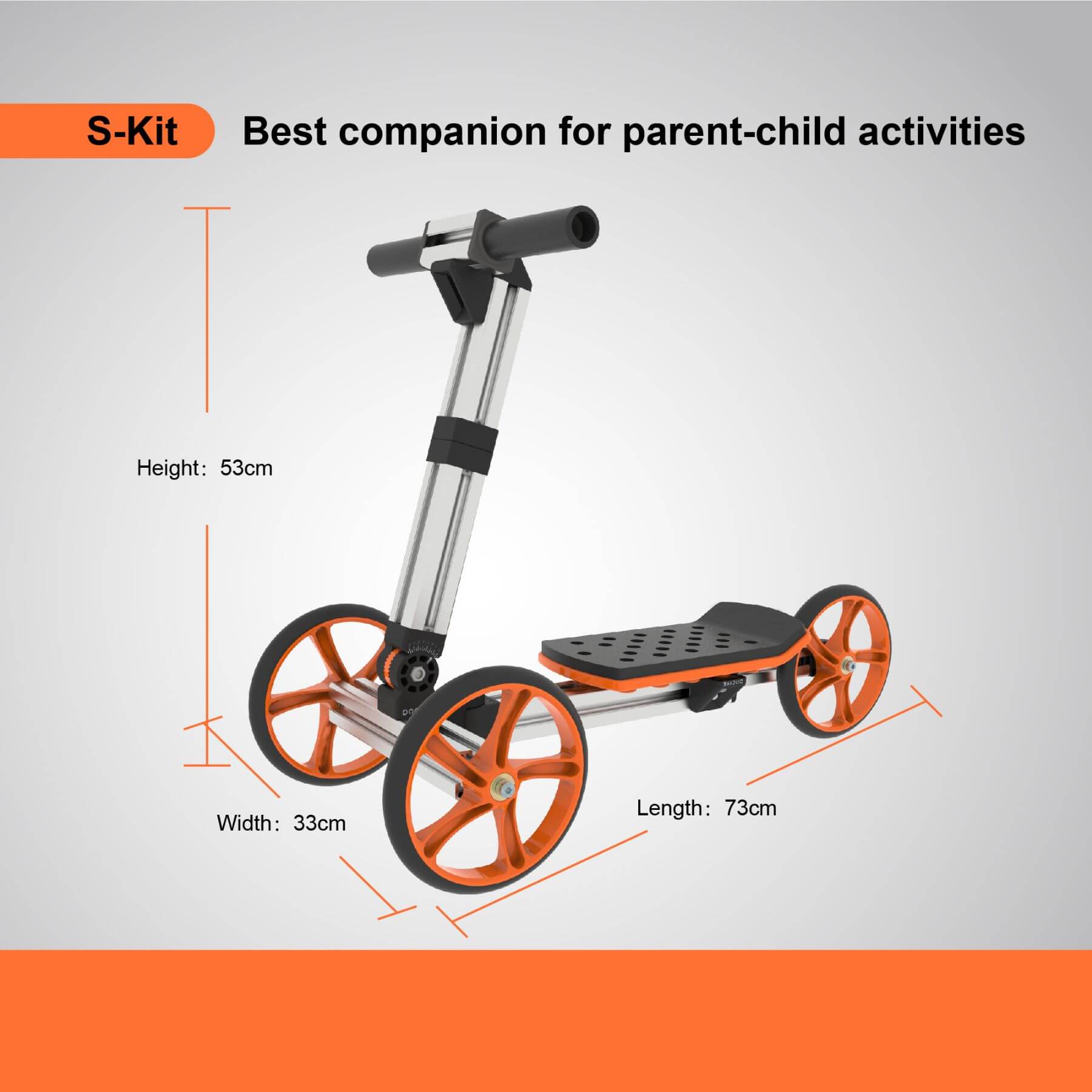 S-Kit scooter with dimensions on a gray background