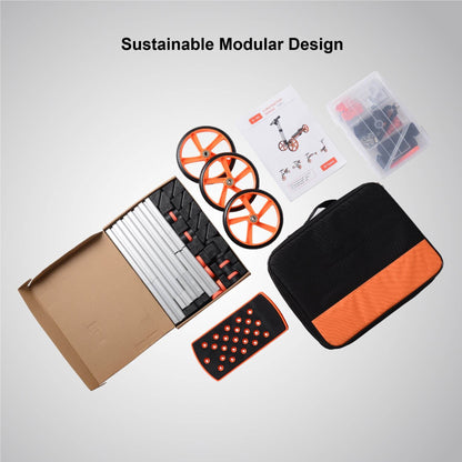 Collection of modular components and tools with a sustainable design theme on a light gray background.